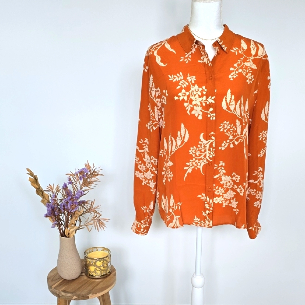 Sezane Orange Floral Button-Down Shirt